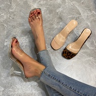 Large Size Crystal Heel Slippers Women Outer Wear One-word Transparent With Leopard Print Hate Sky H