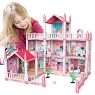 deAO Doll House Dollhouse - 3 Story 9 Rooms Pink DIY Pretend Play Building Playset, Dollhouse Assecc