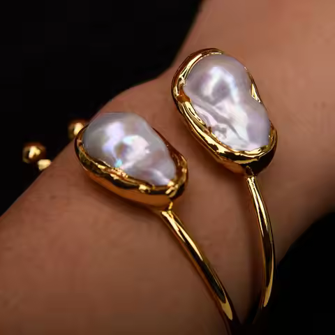 GG 2 Rows 18x25MM White Keshi Pearl 24 K Gold Plated Bangle Bracelet