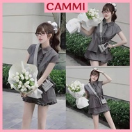 Set Ruffled Sleeve Shirt + Skirt with Thick Hem Pants Made of Raw Welded Material HB611