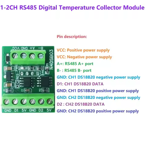 1-2CH RS485 Digital Temperature Collector Module -55 to +125C DS18B20 Sensor DC 5V 12V 24V for Therm