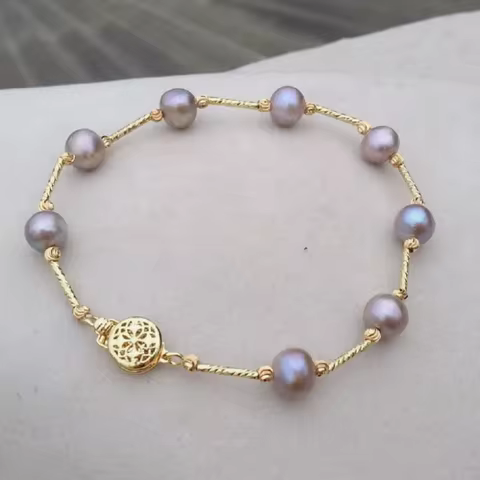 Hot Selling 8-8.5-inch Natural SouthSea 8-9mm Genuine Gray Pearl Bracelet in 14k Gold