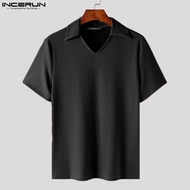 618INCERUN Mens Business Texture Short Sleeved T-ShirtsSimple Stripe Turn-Down-Neck Solid Color Tops