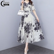 Oooo Đầm Cho Nữ Đầm Dài Họa Tiết Hoa Cổ Chữ V Eo Thon Phong Cách Trung Quốc