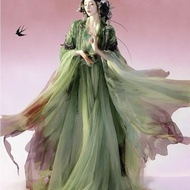 Dieying Myth Series Big Sleeve Shirt Cross Collar Straight Hanfu Female Green Gradient Embroidery Co