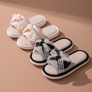 Lace Bow Linen Slippers Indoor Sandals Slippers Contrast Color Fabric Cotton Linen Slippers Women