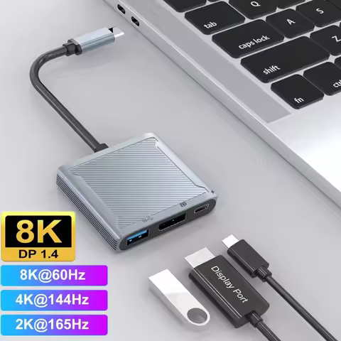 3 In 1 USB C To DP1.4 Hub Thunderbolt3 Type-C To 8K@60Hz 4K@144Hz DisplayPort/USB/100W PD Port Dock 