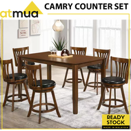 Atmua Camry Counter Height Dining Set 6 Seater Swivel Counter Chair 24 inch Meja Islanc[Solid Rubber