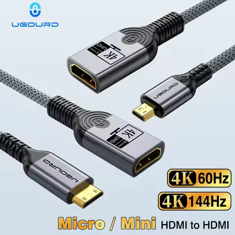 UGOURD Mini & Micro HDMI to HDMI Female Extender Cable 0.2M 4K 144Hz 60Hz MicroHDMI Adapter Cord Min