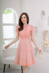 New color ผ้าทอลาย แต่งโบว์ แขนกลีบบัว N578