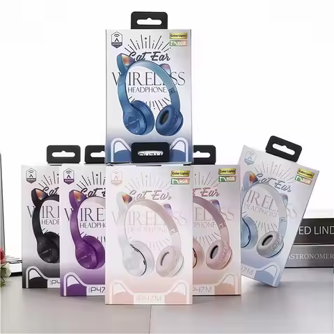 P47M Wireless Bluetooth Headset Gamer Cat LED Light Foldable Noise Cancelling Earbuds Wireless Headp