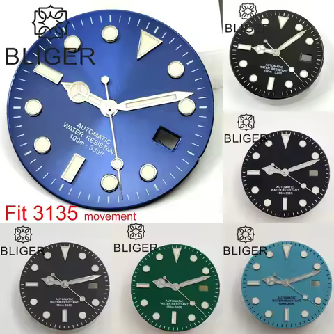BLIGER 29mm 3135 Movement Watch Dial And Hand Set Dark Blue Green Grey Black Blue Face With Luminous