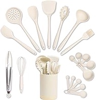 Silicone Kitchen Utensils Set &amp; Holder: Cooking Utensils Set - Kitchen Essentials for New Home &amp; 1st Apartment- Silicone Spatula Set, Cooking Spoons for Nonstick Cookware (Silicone, Cream White)
