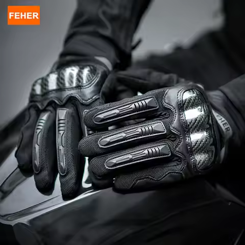 FEHER Men's Motorcycle Gloves Summer Breathable Genuine Leather Riding Gloves Touch Screen Anti-fall