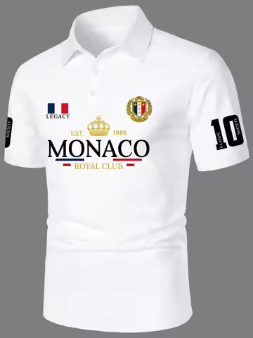 Men's Short Sleeved Polo Shirt, Street Trendy MONACO ROYAL CLUB Logo, Crown Badge Printed Short Slee