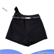 95280 High Waist Gray Woolen Straight Shorts