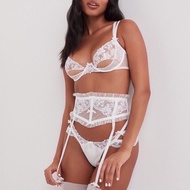 French Underwear Women's Gauze Embroidered Lace Transparent Hollow Bra Garter Belt T-Pants Set Gathe