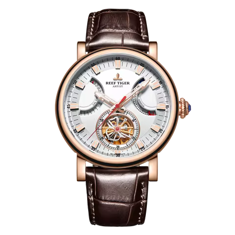 Reef Tiger Men Automatic Watch 42mm Mechanical Wristwatch Skeleton Flyback Date Power Reserve Dial R