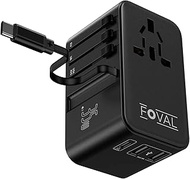 FOVAL European Travel Plug Adapter, 35W Universal Travel Adapter with Retractable USB C Cable, USB C