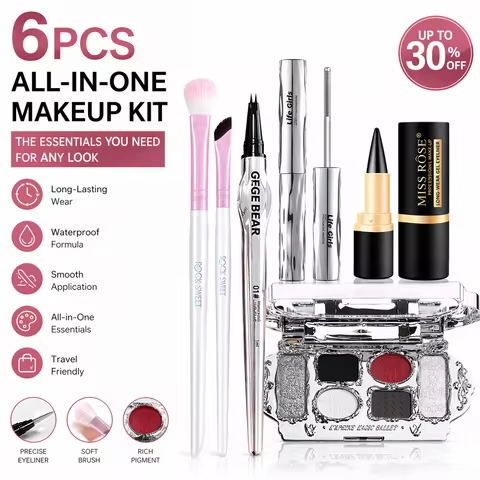 Six-color eyeshadow palette, eyeliner pen, mascara, eyebrow pencil,diverse style,natural makeup,Port