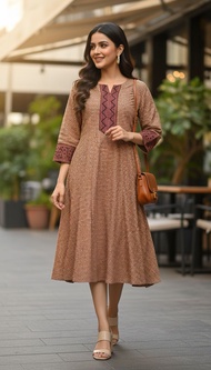 BEIGE COTTON AJRAKH VEG DYED HANDBLOCK PRINT A-LINE