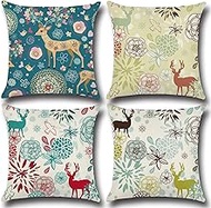 Cushion Cover, 65x65cm Set of 4, Christmas Elk Soft Velvet Throw Pillow Cases 26x26in, Square Sofa Cushion Cover with Invisible Zipper for Couch Bed Car Bedroom Home Decor