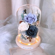 永生花玻璃盅-典雅霧灰藍 l 日本玫瑰 乾燥花玻璃罩 永生花玻璃罩
