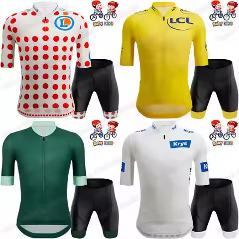 2025 Kids France TDF Cycling Jersey Set Yellow Green Red Polka Dot White Boys Girls Cycling Clothing