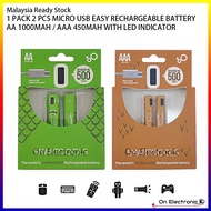 1 PACK 2 PCS MICRO USB EASY RECHARGEABLE BATTERY AA/AAA 1000MAH/450MAH WITH LED INDICATOR