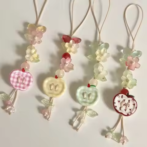 Cute Apple Button Beaded Phone Charm DIY Button Strap Phone Lanyard Aesthetic Keychain Bag Charm
