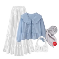 Teenage Hijab OOTD Set (Ribbon Blouse, Ribbon Skirt, Shoulder Bag) One Set Outfit Coquette - GGO31 P