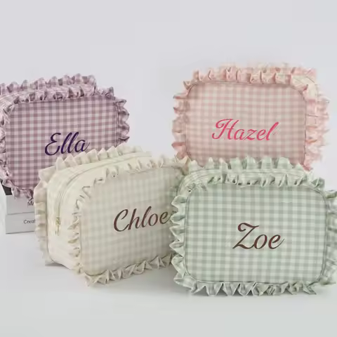 Custom Name Ruffle Plaid Cosmetic Bag Personalized Name Toiletry Bag with Zipper New Travel Cosmetic