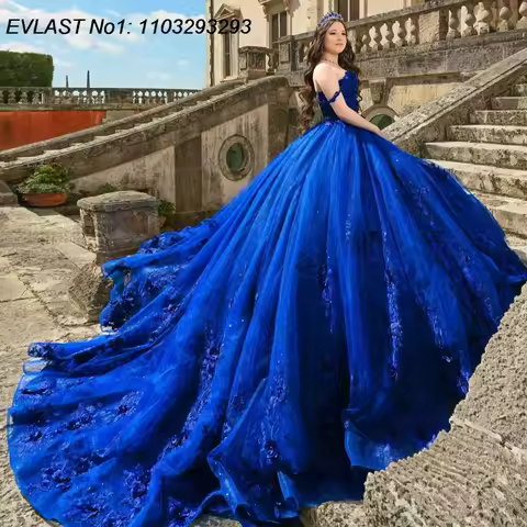 EVLAST Customized Princess Royal Blue Quinceanera Dress Ball Gown Floral Applique Beading Sweet 16 V