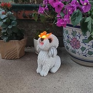 Bichon Frise Dog Solar Light Resin Decorative Dog Figurine with Butterfly Garden Statues Solar Anima