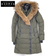 Mackage ADALI 卡其色皮革滾邊無口袋貉子毛連帽羽絨服，XS 碼（二手）