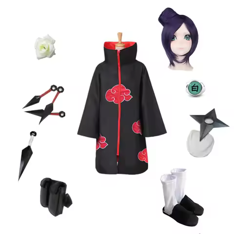 Akatsuki Cosplay Suit Brdwn Akatsuki Konan Cosplay Red Cloud Cloak Suit (Costume+Shoes+Flower+Access
