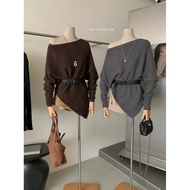 [Y.JIA] Temperament Design Irregular Slanted Shoulder Pit Strip Sweater (With Belt) 791-5