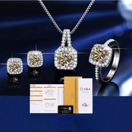 [With Gra Certificate] Real Moissanite Ring, Earrings, Necklace s925 Sterling Silver 4ct Fashion Squ