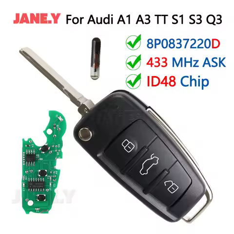 Car Key Fob Replacement For Audi A1 A3 TT S1 S3 Q3 2005+ 433Mhz ASK ID48 Chip 8P0 837 220 D Flip Key