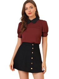 Women's Vintage Peter Pan Collar Contrast Puff Halloween Short Sleeve Blouse Top