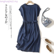 LAHSTORE straight linen dress with round neck, mussel sleeves, drawstring waist, youthful DS09 (Blue
