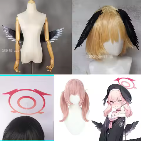 Blue Archive Shimoe Koharu Cosplay Halo Wig Pink Hair Wings Headwear Props Halloween Party Carnival 