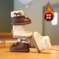 Sz15-25 [+Socks] Fur-lined Bow Boots for Girls - Warm Fur collar - Lightweight Anti-Slip Soft Sole -