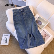 Lovito Casual Plain Split Denim Skirt for Women LNA102008