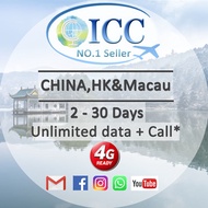 ◆ICC◆【China  SIM Card 8-30 Days】4GLTE+Unlimited Data+Call* ❤WhatsApp/Google/FaceBook❤ Macau can use