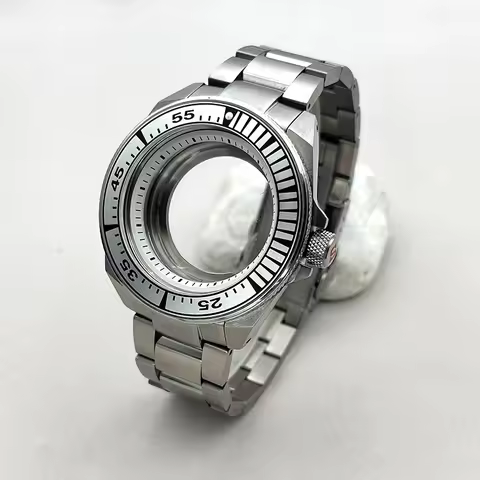 45mm Silver Seiko Samurai King Series Watch Cases Bezel Insert With The Strap Fits NH35 NH36 7S26 Mo