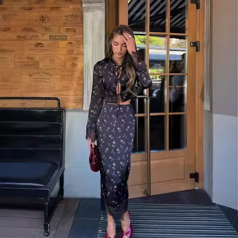 Floral Printed Slim Maxi Skirt Sets Women Vintage Elegant Lace Up Full Sleeve Slash Neck Slim (Tops+