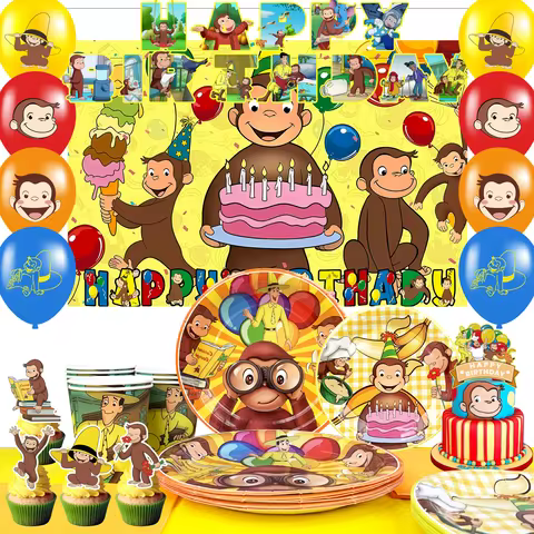 110 Pcs George Monkey Party Decorations & Tableware - George Monkey Banner Balloons Plates Etc Georg