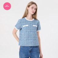 EP เสื้อนิตแขนสั้นผ้าทวีต ผู้หญิง สีฟ้า | Short-Sleeve Tweed Knit Top | 05131