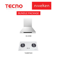 (HOOD + HOB) Tecno KA 2038 (60cm) Chimney Cooker Hood + Tecno T2288TGSV (90cm) 2-Burner Glass Cooker Hob with Inferno Wok Burner Technology